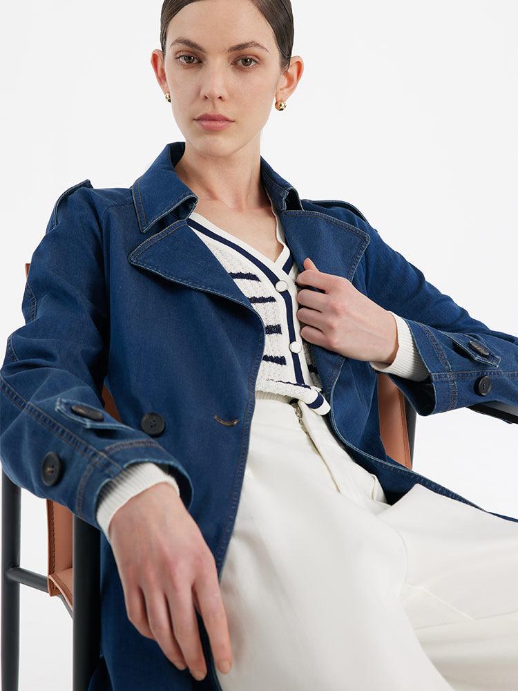 Denim Lapel Women Trench Coat With Belt GOELIA