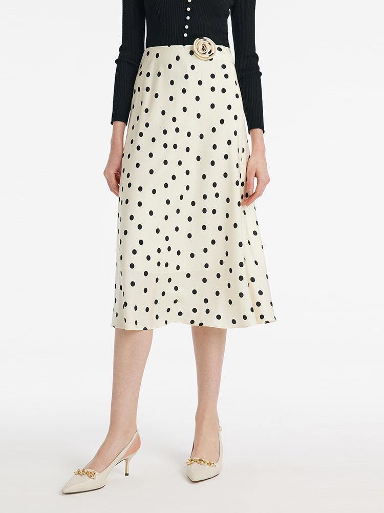 22 Momme Silk Polka Dots Printed Women Half Skirt With 3D Rose Clip And Knotted Headband And GOELIA