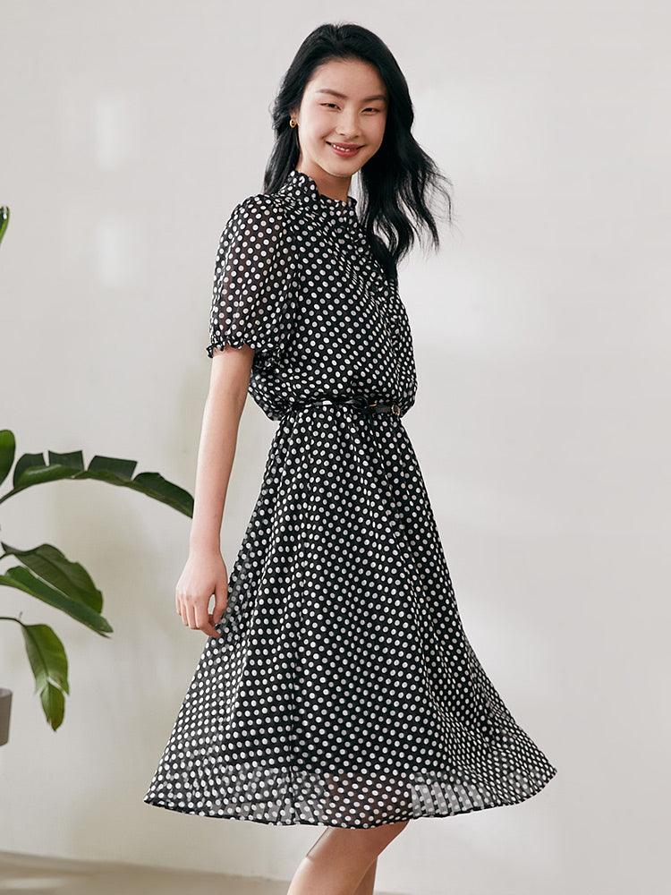 Golden Stripe Chiffon Polka Dots Dress GOELIA