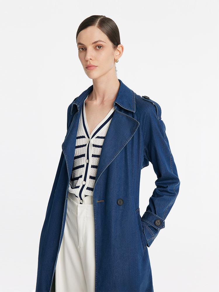 Denim Lapel Women Trench Coat With Belt GOELIA