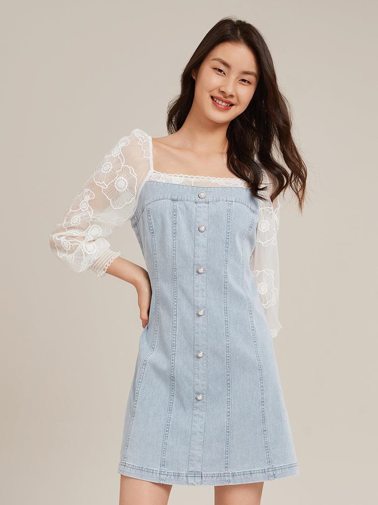 Square Neck Puff Sleeve Denim Patchwork Dress GOELIA