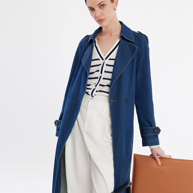 Denim Lapel Women Trench Coat With Belt GOELIA