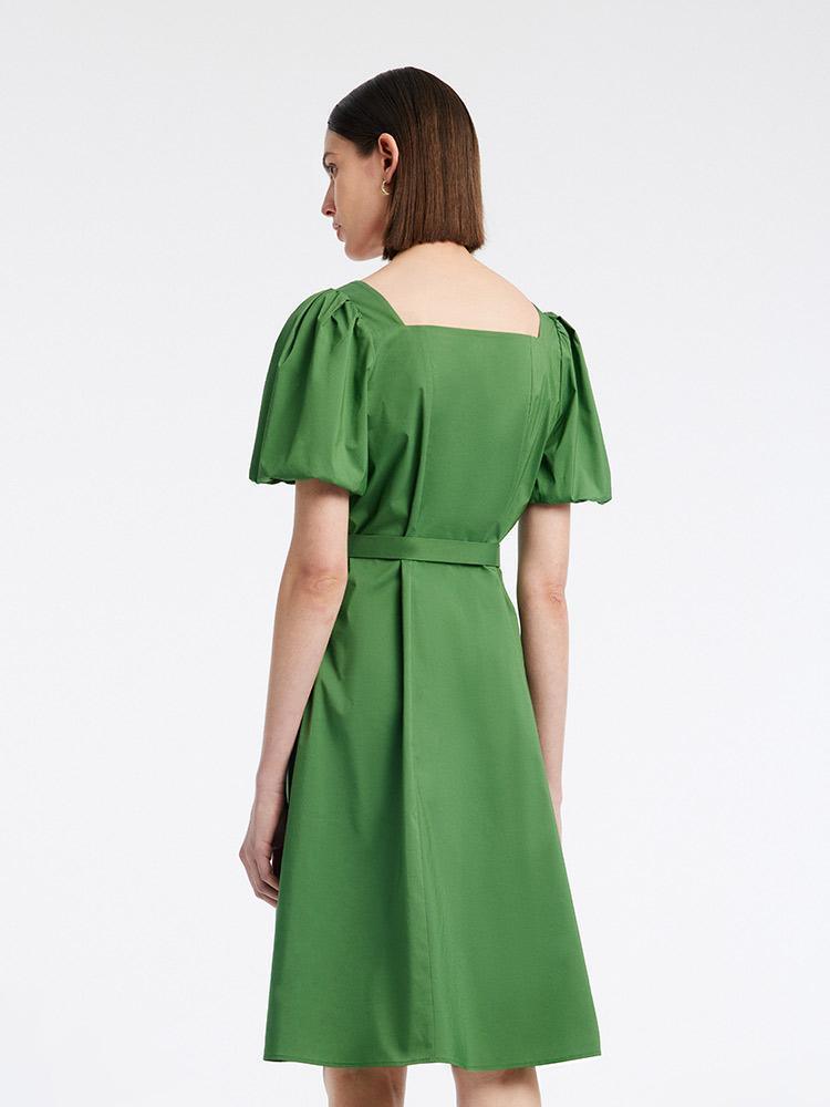 Square Neck Waist Pleated Green Cotton Dress GOELIA