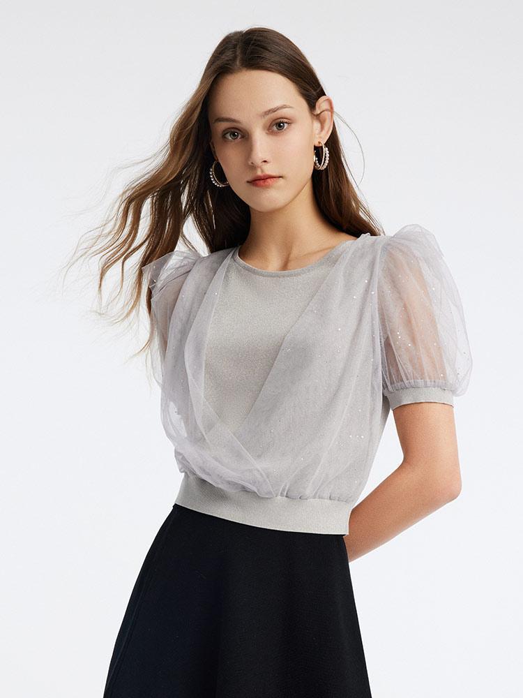 Mulberry Silk Puff Sleeve Mesh Top GOELIA