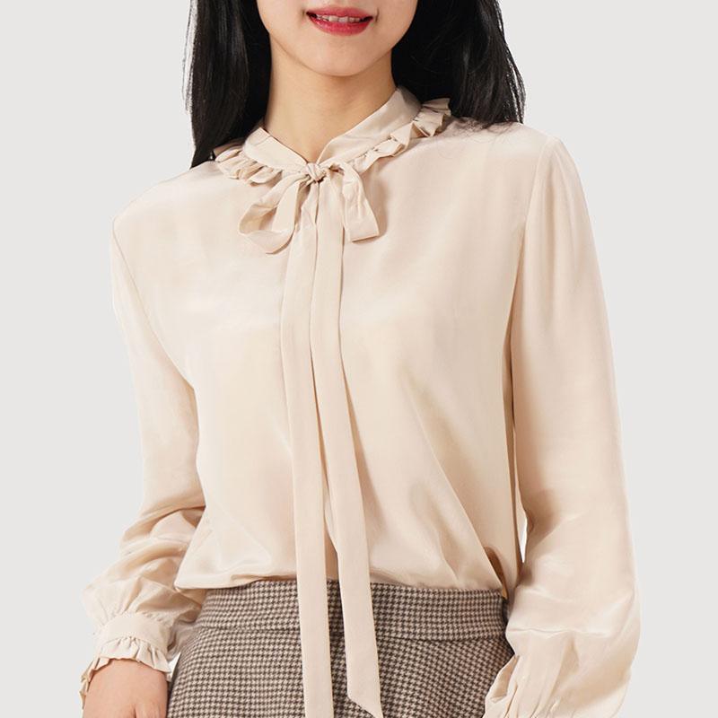 16 MM Pure Silk Lace-Up Ruffled Collar Slim Streamer Blouse GOELIA