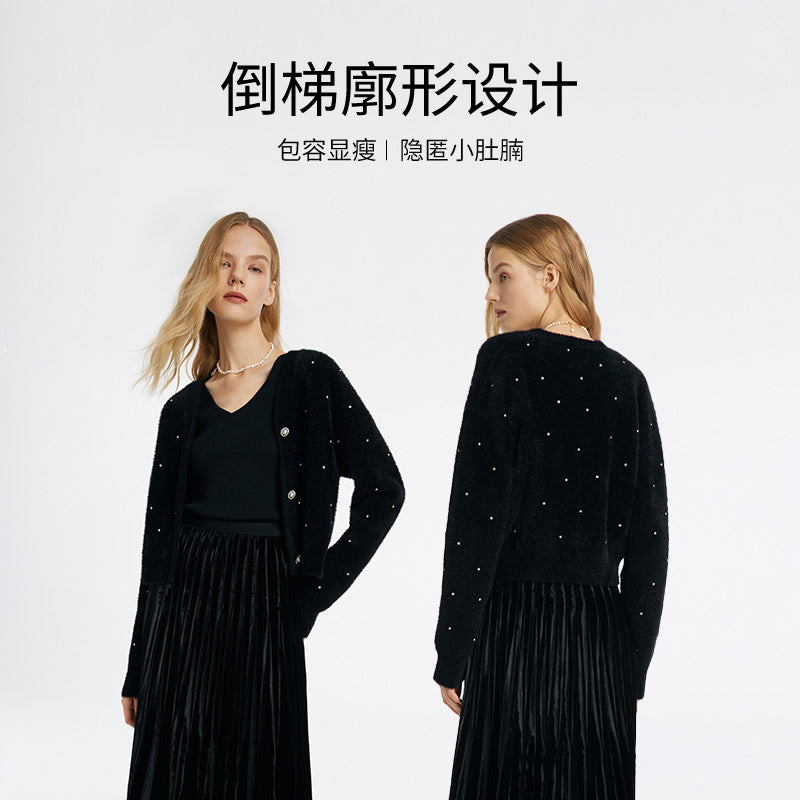 Black V-Neck Rhinestone Knitted Women Cardigan GOELIA