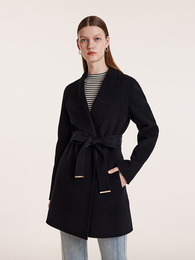 Tencel Wool Notched Lapel Mid-Length Coat With Belt