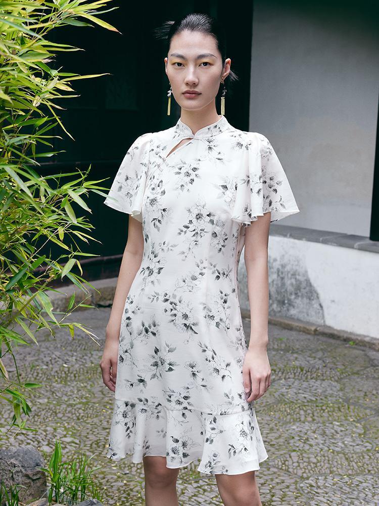 Ink Floral Ruffle Sleeve Cheongsam Dress LT GOELIA