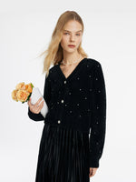 Black V-Neck Rhinestone Knitted Women Cardigan GOELIA