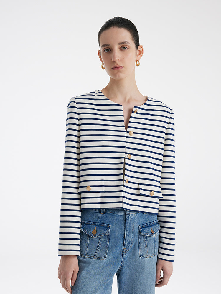 Cotton Striped Single-Breasted Women Crop Jacket GOELIA