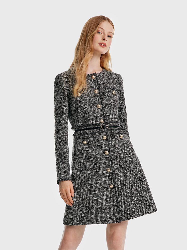 Round Neck Tweed Dress With Belt GOELIA