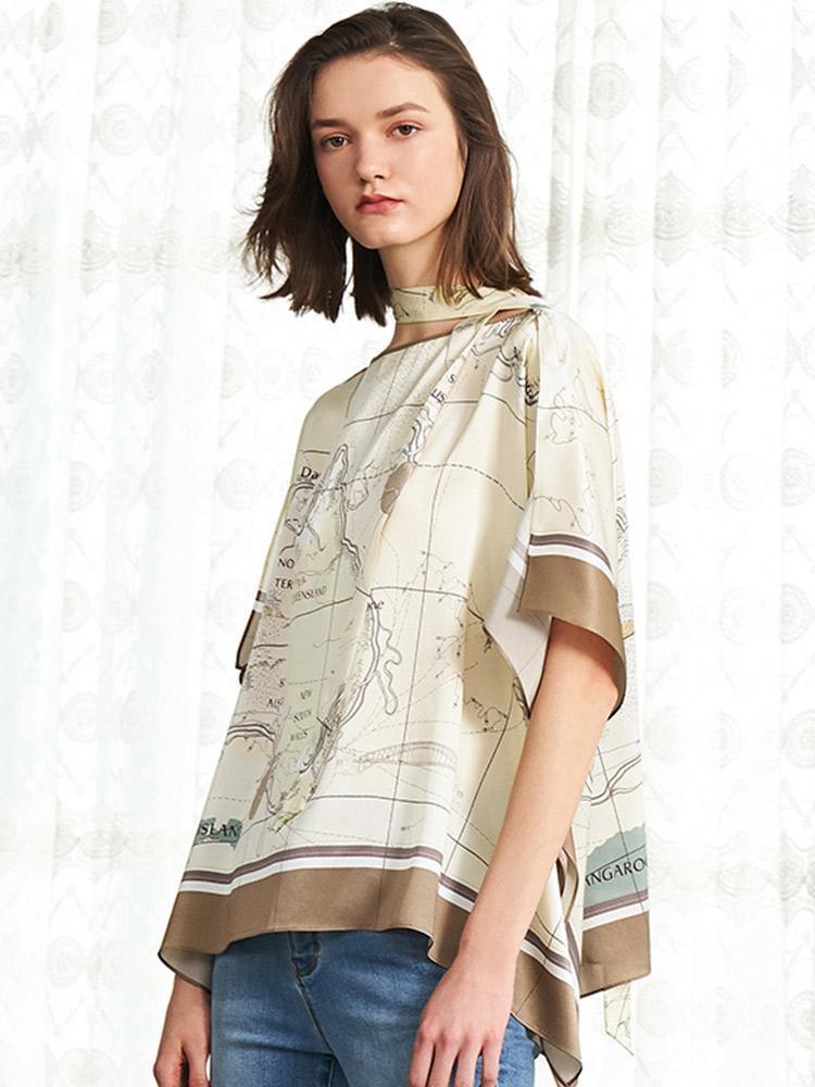 Slash Neck Map Print Silk Top GOELIA