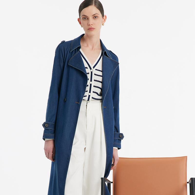 Denim Lapel Women Trench Coat With Belt GOELIA