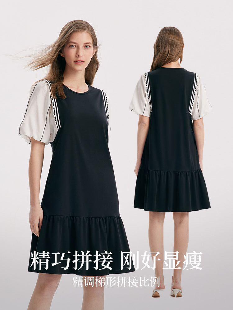 A-Shape Patchwork Puff Sleeve Dresses GOELIA