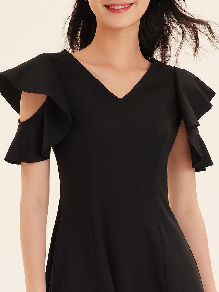 Ruffle Sleeve V-Neck Knit Dress GOELIA