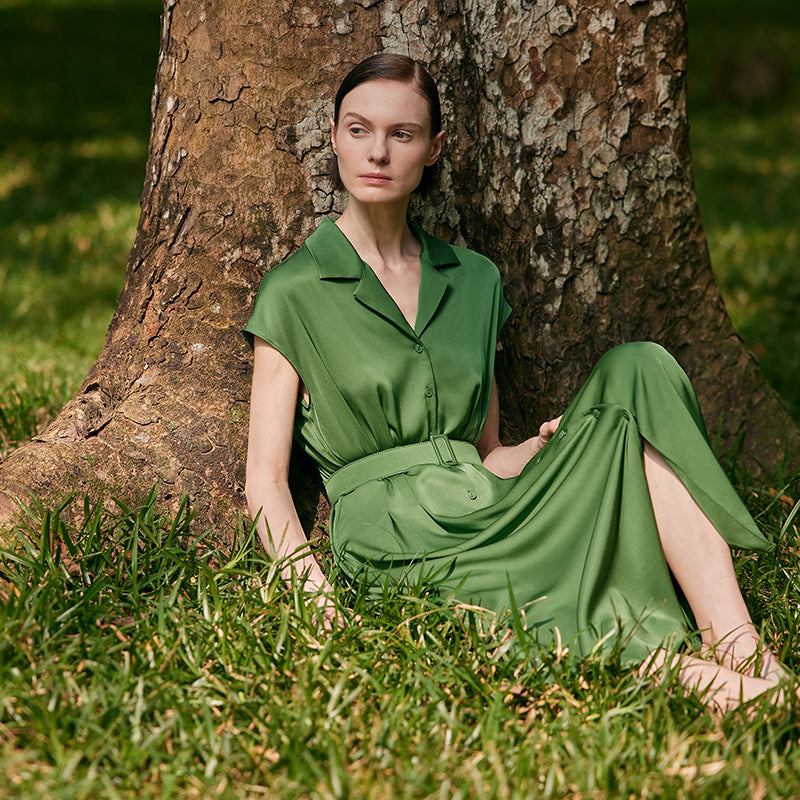 22 Momme Mulberry Silk Lapel Women Midi Dress With Belt GOELIA