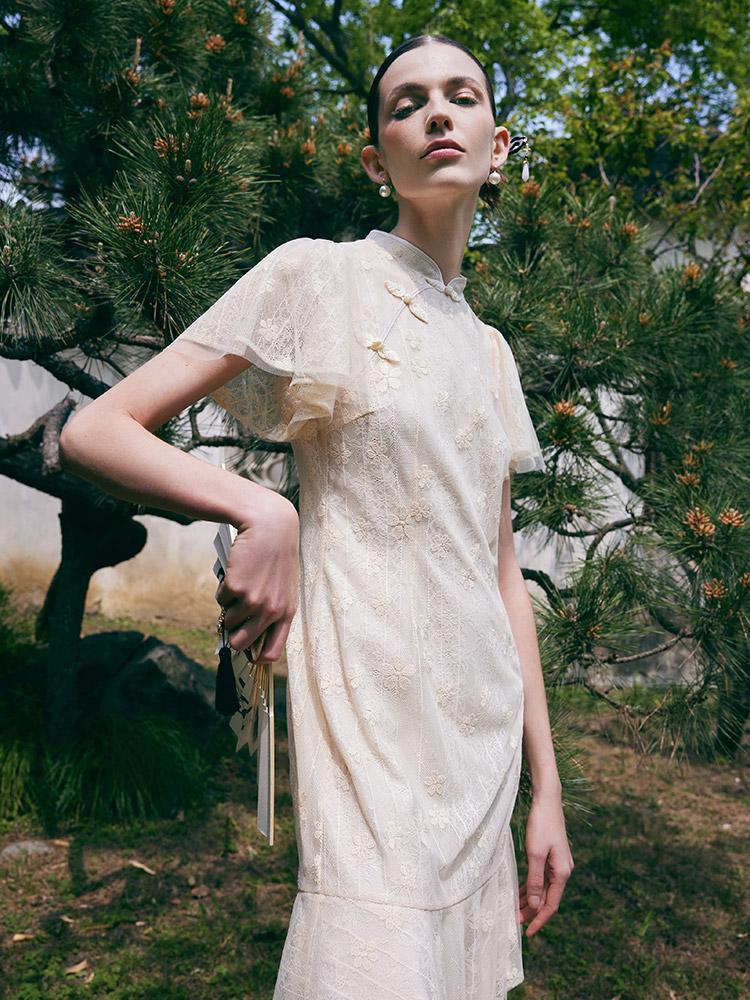 Lace Embroidered Cheongsam Midi Dress GOELIA