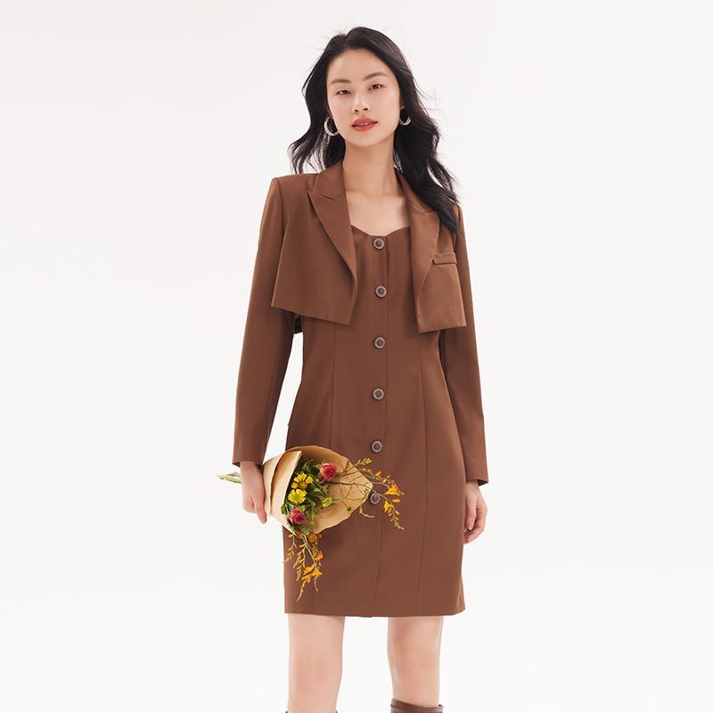 Detachable Bowknot Blazer And Midi Work Dress Two-Piece Suit GOELIA