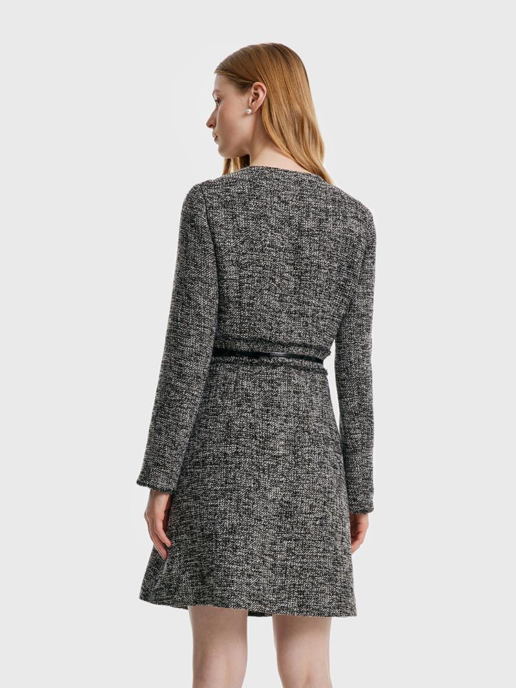 Round Neck Tweed Dress With Belt GOELIA