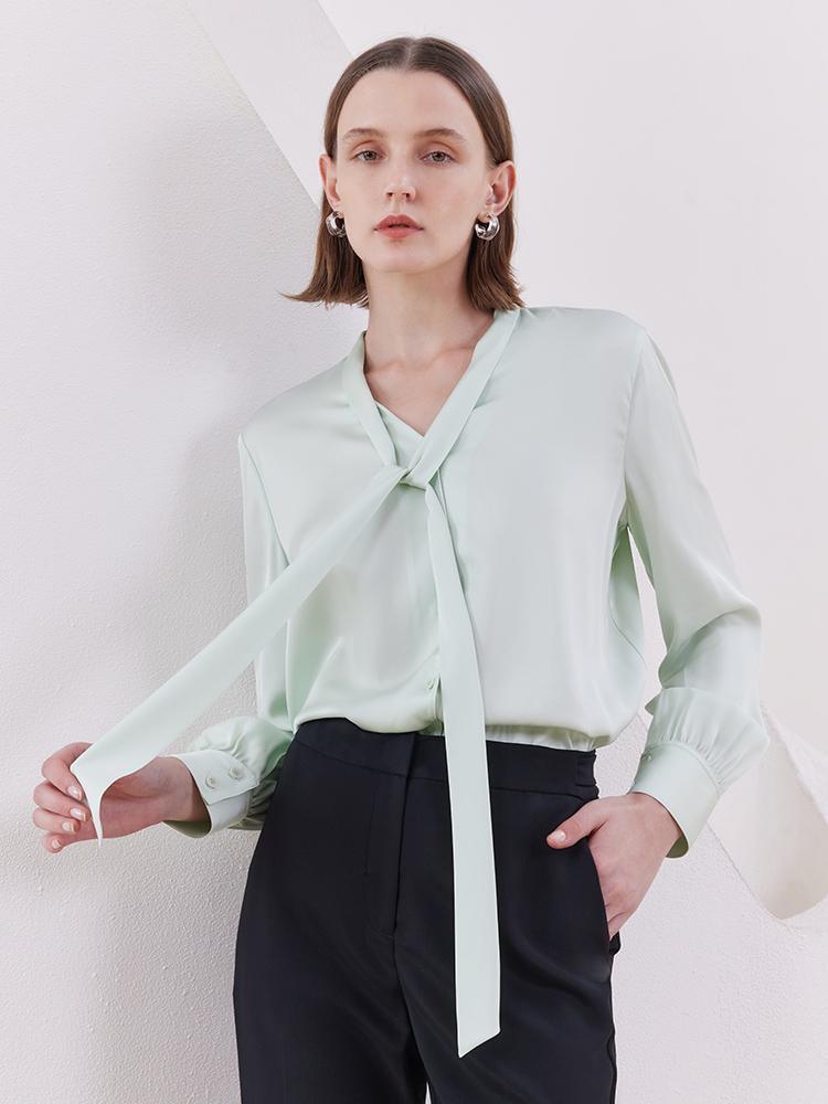 Mint Green 22 Momme Mulberry Silk Shirt With Flutter GOELIA