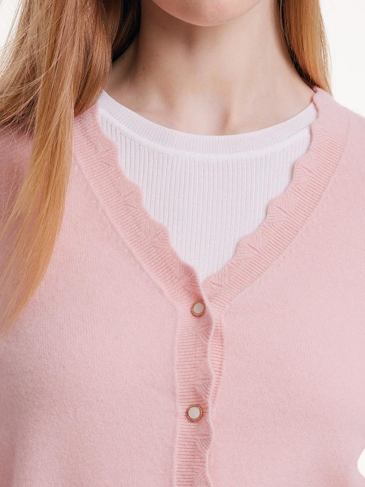 Pink Wool Knit Wavy Front Closure Lady Cardigan GOELIA