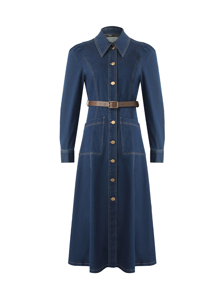 Single-Breasted Lapel Women Midi Denim Dress With Belt GOELIA