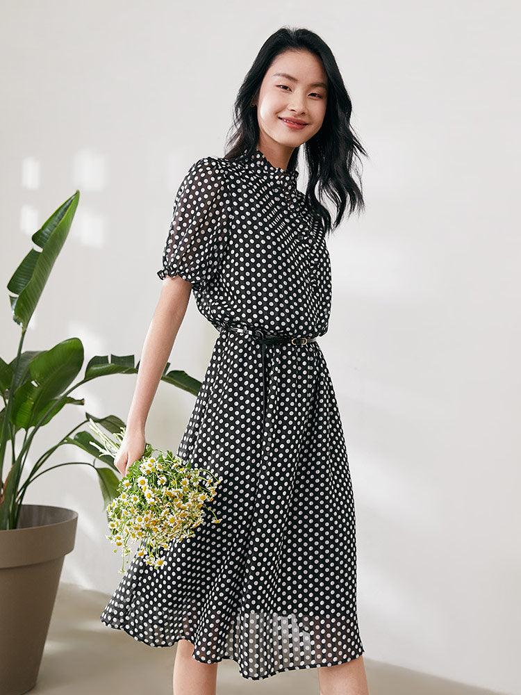 Golden Stripe Chiffon Polka Dots Dress GOELIA