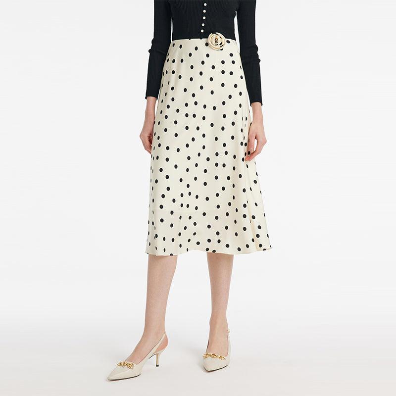 22 Momme Silk Polka Dots Printed Women Half Skirt With 3D Rose Clip And Knotted Headband And