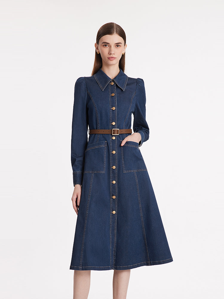 Single-Breasted Lapel Women Midi Denim Dress With Belt GOELIA