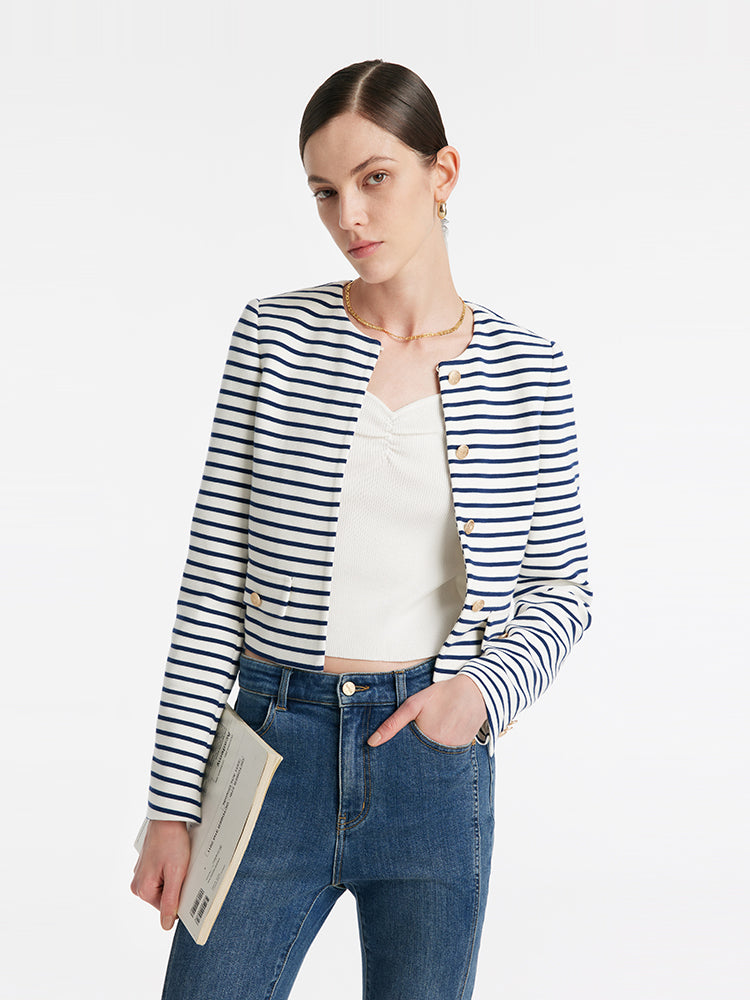 Cotton Striped Single-Breasted Women Crop Jacket GOELIA