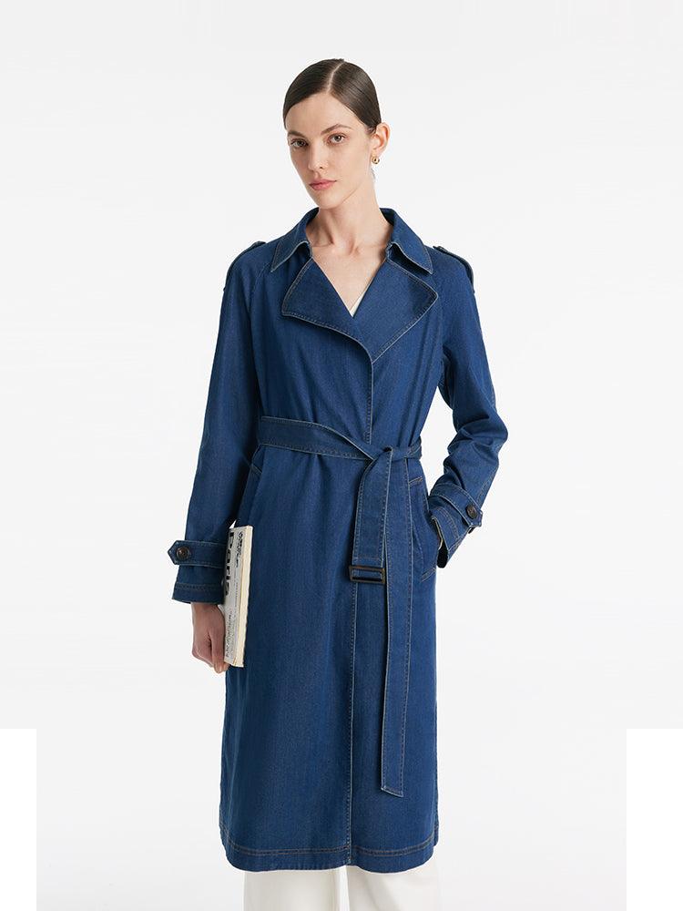 Denim Lapel Women Trench Coat With Belt GOELIA