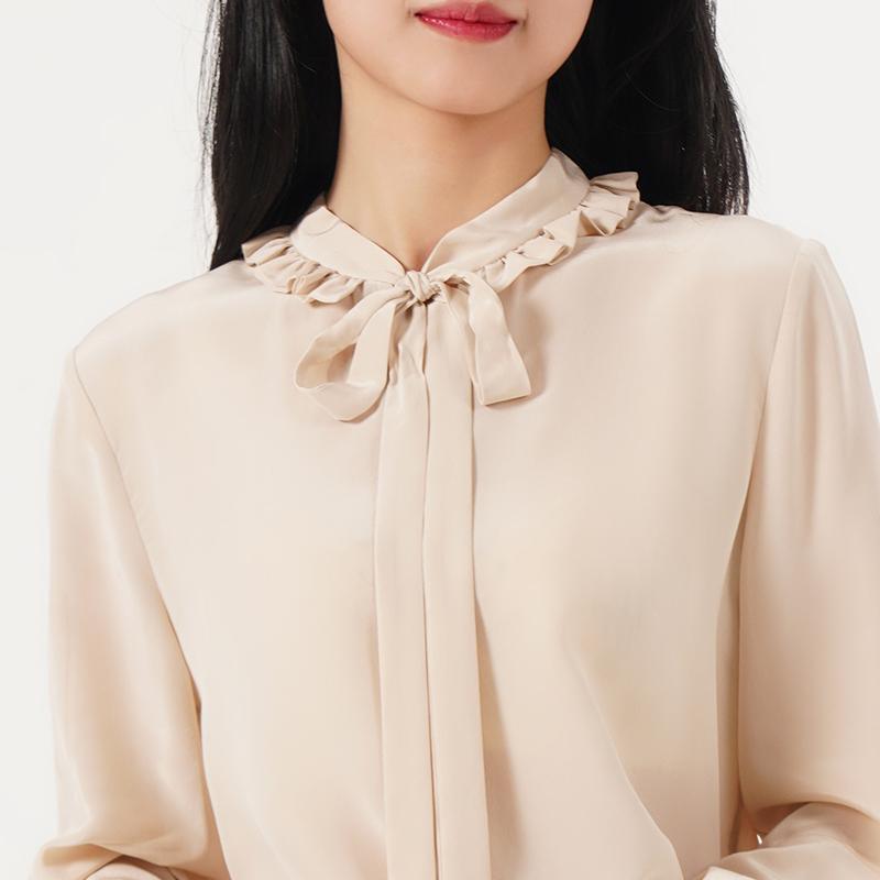 16 MM Pure Silk Lace-Up Ruffled Collar Slim Streamer Blouse GOELIA