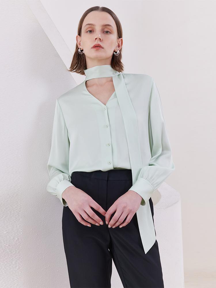 Mint Green 22 Momme Mulberry Silk Shirt With Flutter GOELIA