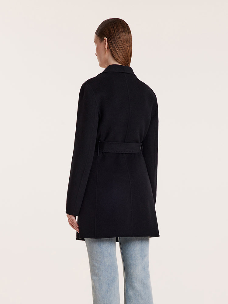 Tencel Wool Notched Lapel Mid-Length Coat With Belt GOELIA