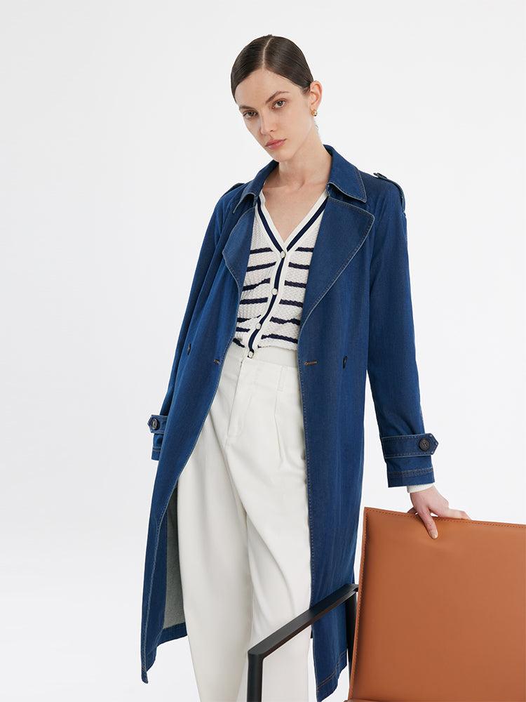 Denim Lapel Women Trench Coat With Belt GOELIA