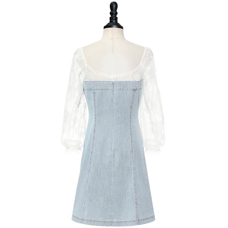 Square Neck Puff Sleeve Denim Patchwork Dress GOELIA