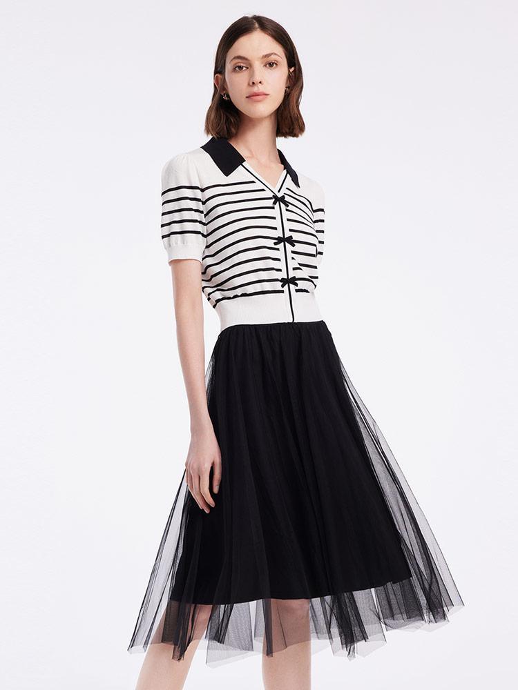 Black And White Striped Top And Mesh Half Women Skirt Two-piece Set GOELIA