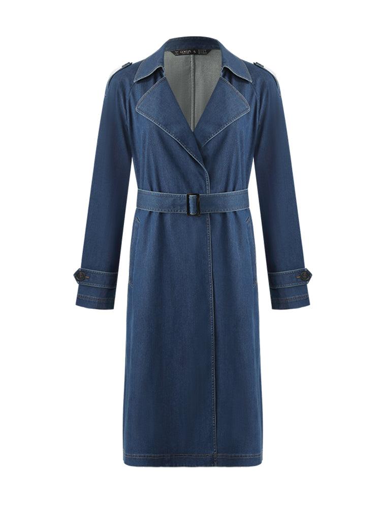 Denim Lapel Women Trench Coat With Belt GOELIA