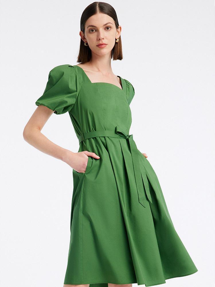 Square Neck Waist Pleated Green Cotton Dress GOELIA