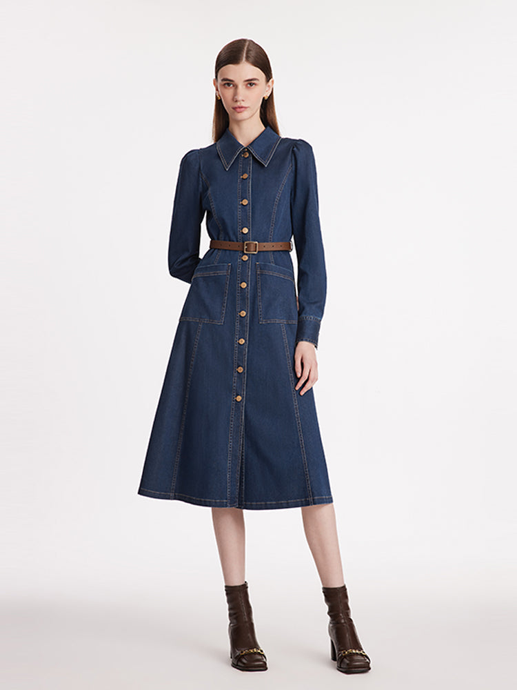 Single-Breasted Lapel Women Midi Denim Dress With Belt GOELIA