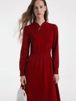 Tencel Wool Gathered Waist Cheongsam Button Collared Dress GOELIA