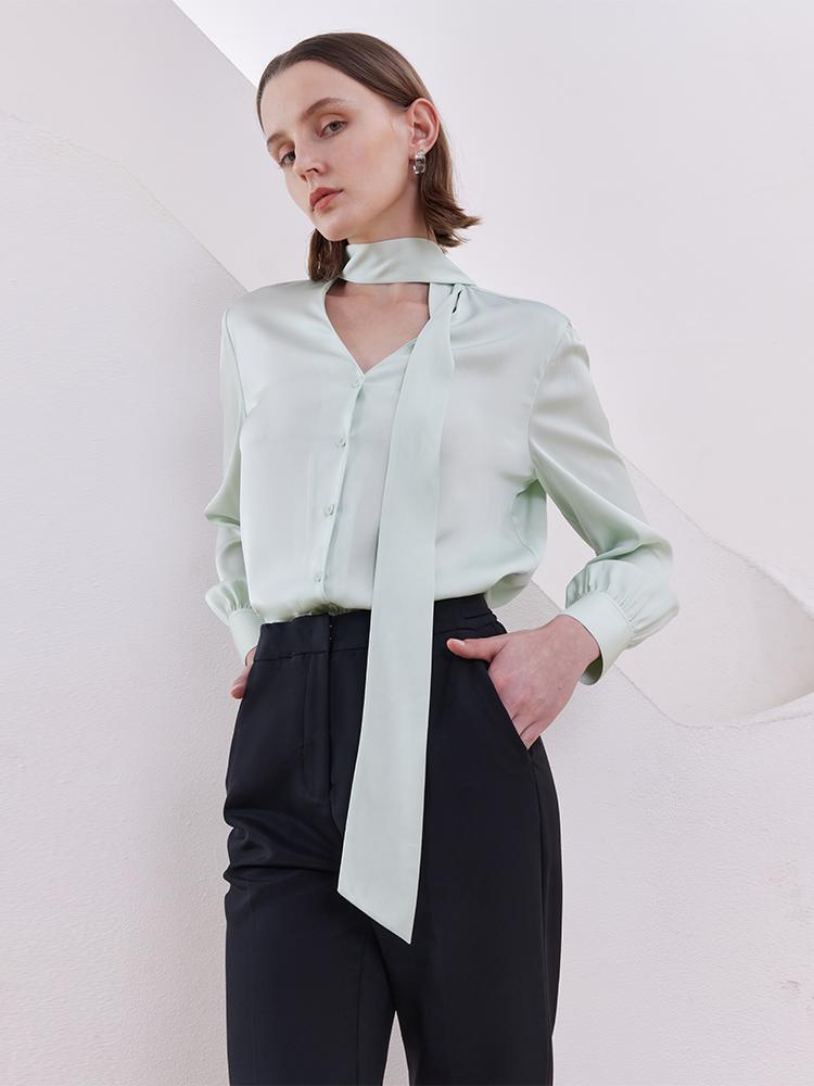 Mint Green 22 Momme Mulberry Silk Shirt With Flutter GOELIA