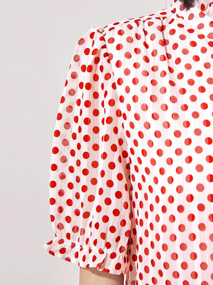 Golden Stripe Chiffon Polka Dots Dress GOELIA