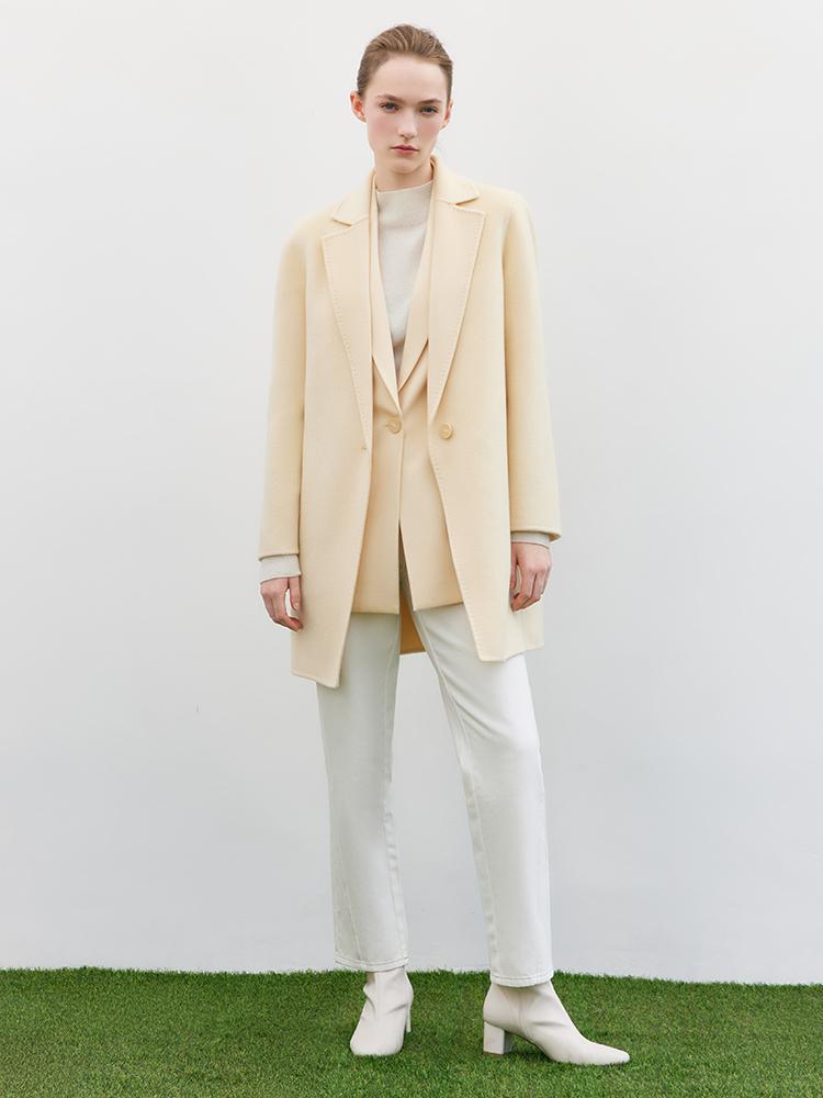 One-Button Cream Yellow Woolen Coat GOELIA