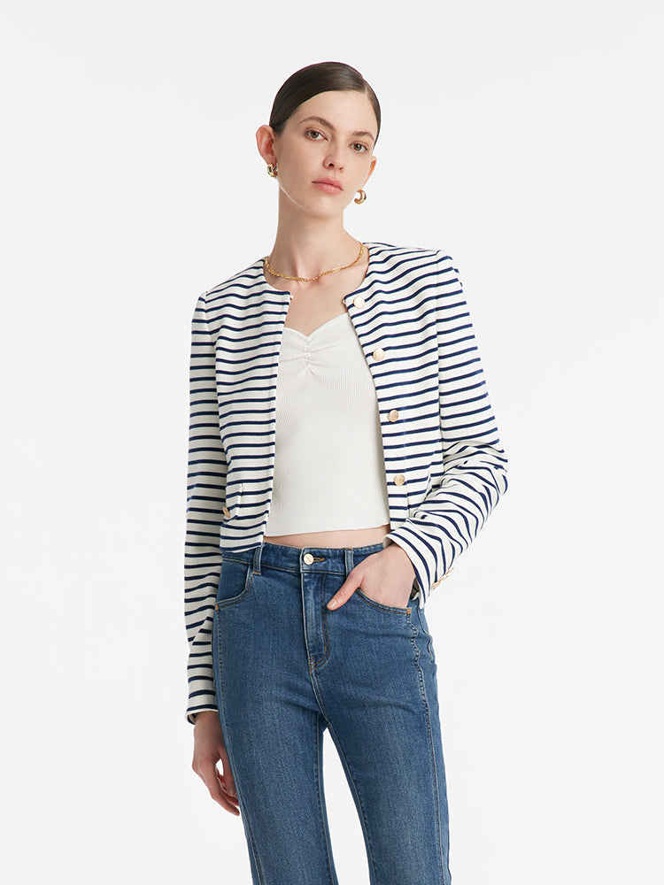 Cotton Striped Single-Breasted Women Crop Jacket GOELIA