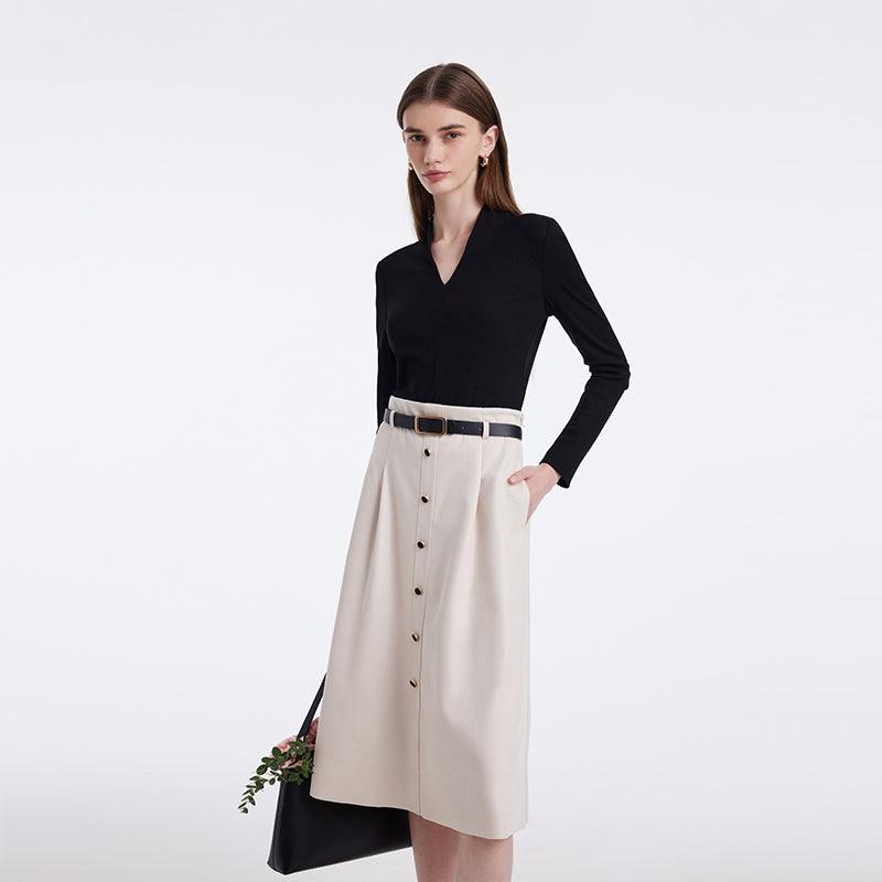 V-Neck Slim Knit Top And Half Skirt Vintage Two-Piece Set With Leather Belt GOELIA