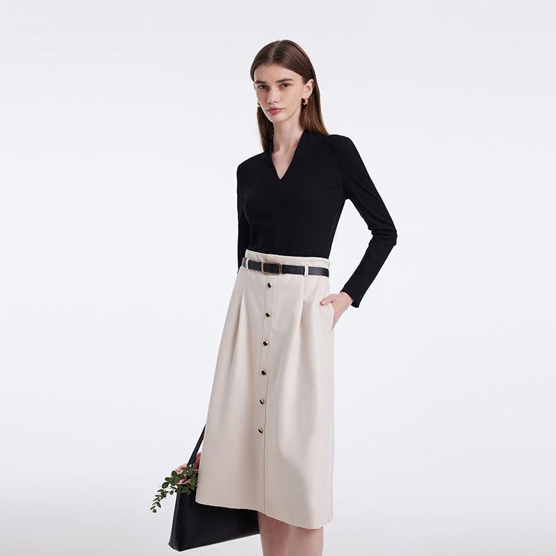 V-Neck Slim Knit Top And Half Skirt Vintage Two-Piece Set With Leather Belt