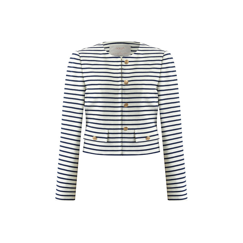 Cotton Striped Single-Breasted Women Crop Jacket GOELIA