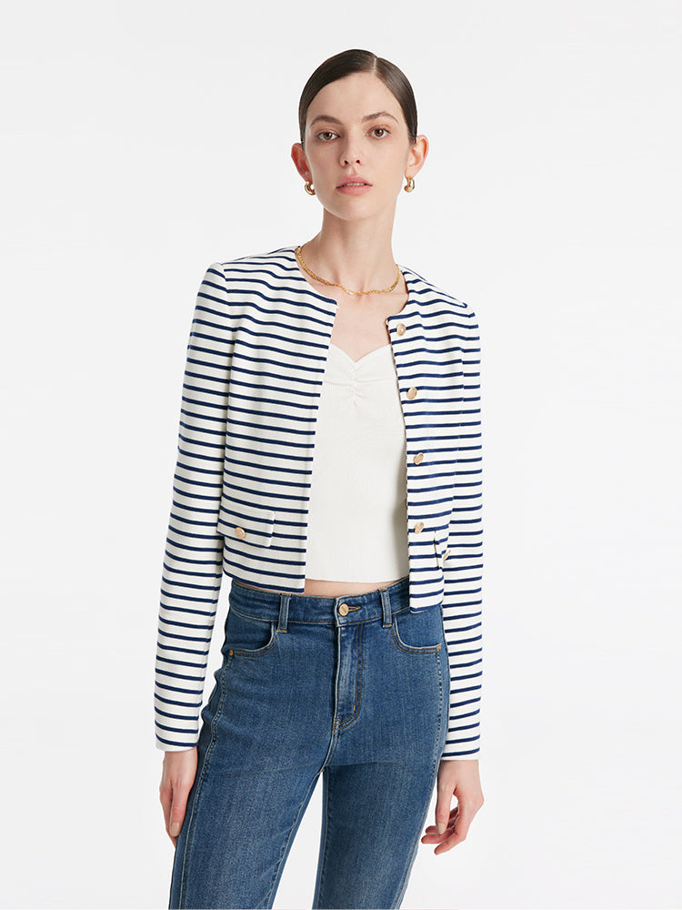 Cotton Striped Single-Breasted Women Crop Jacket