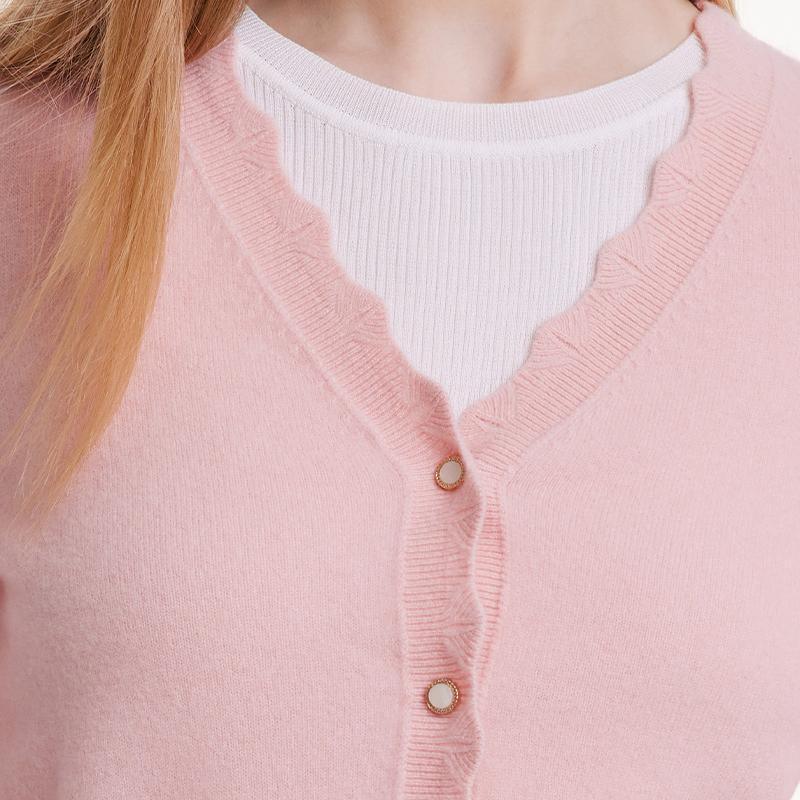 Pink Wool Knit Wavy Front Closure Lady Cardigan GOELIA